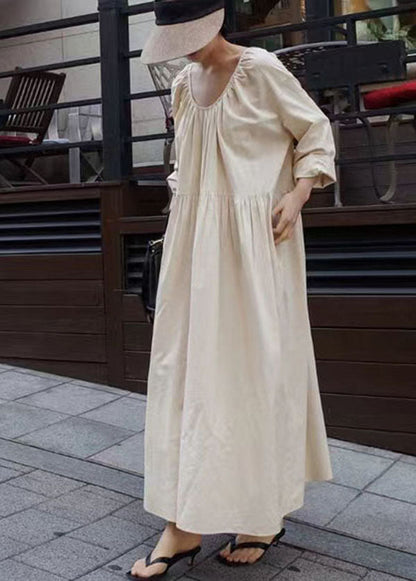 Apricot O Neck Wrinkled Patchwork Cotton Dresses Spring