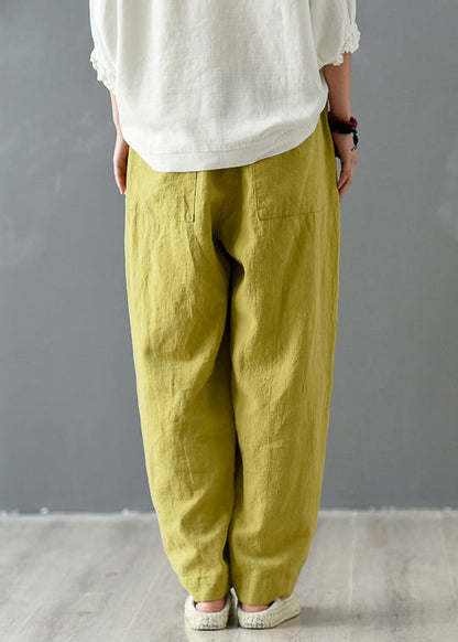 Yellow Pockets Elastic Waist Linen Pants Spring