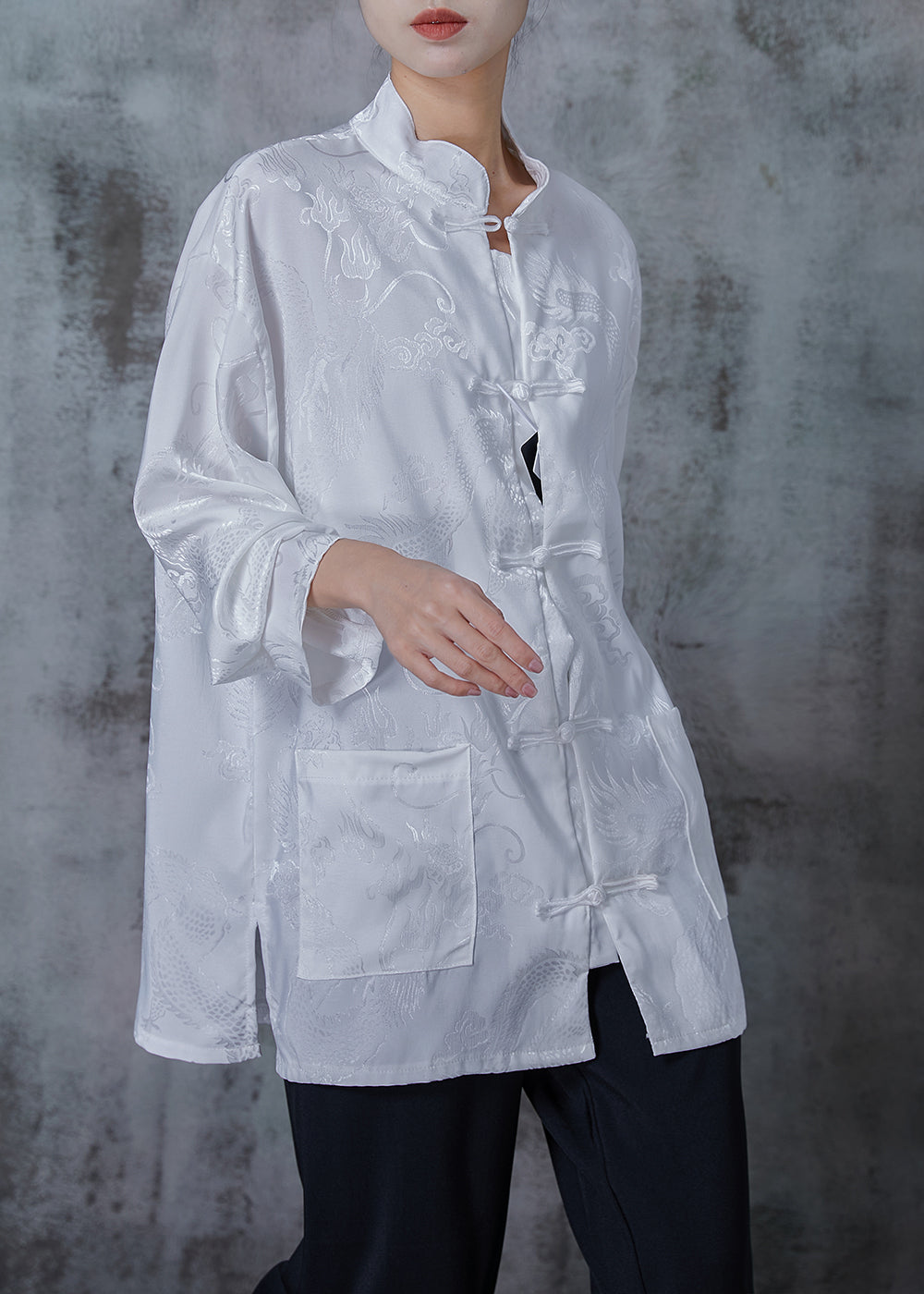 White Oversized Jacquard Silk Blouse Top Spring