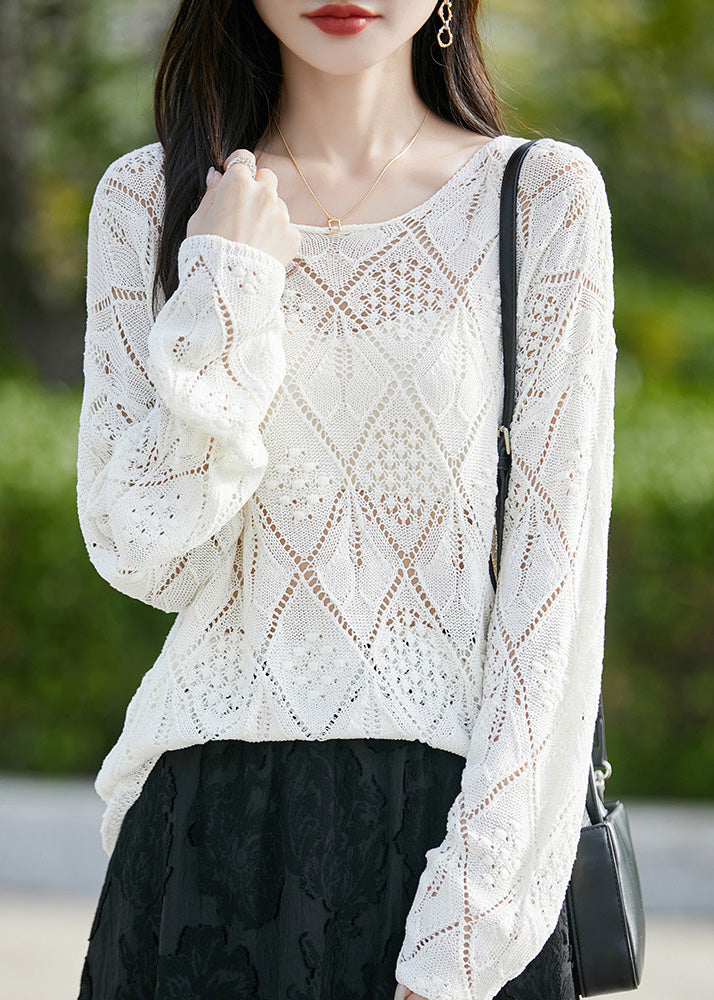 Yellow Hollow Out Knit Sweater O Neck Long Sleeve