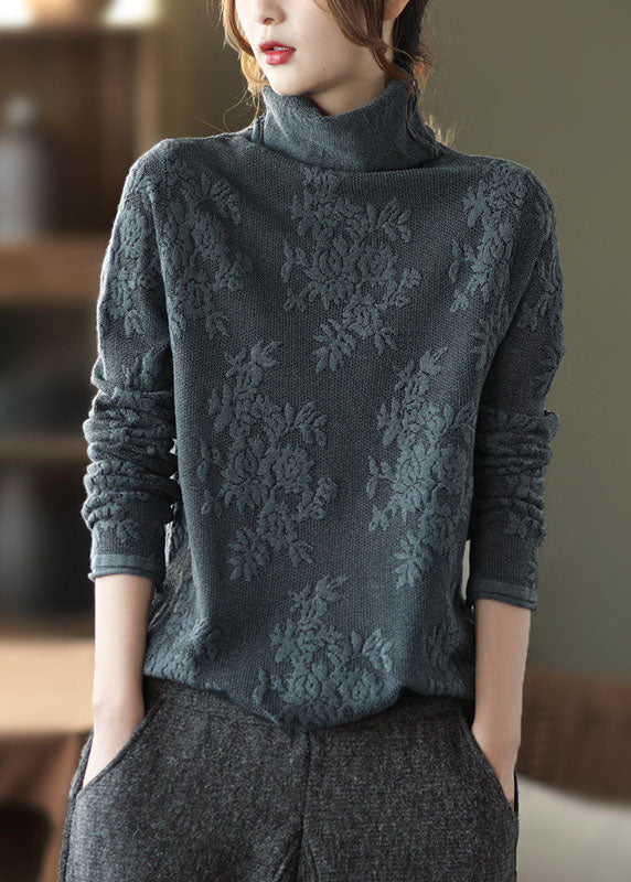 Grey Turtle Neck Thick Knit Pullover Spring