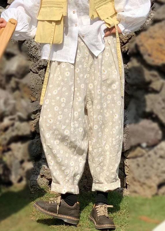 Beige Pockets Print Fall Pants