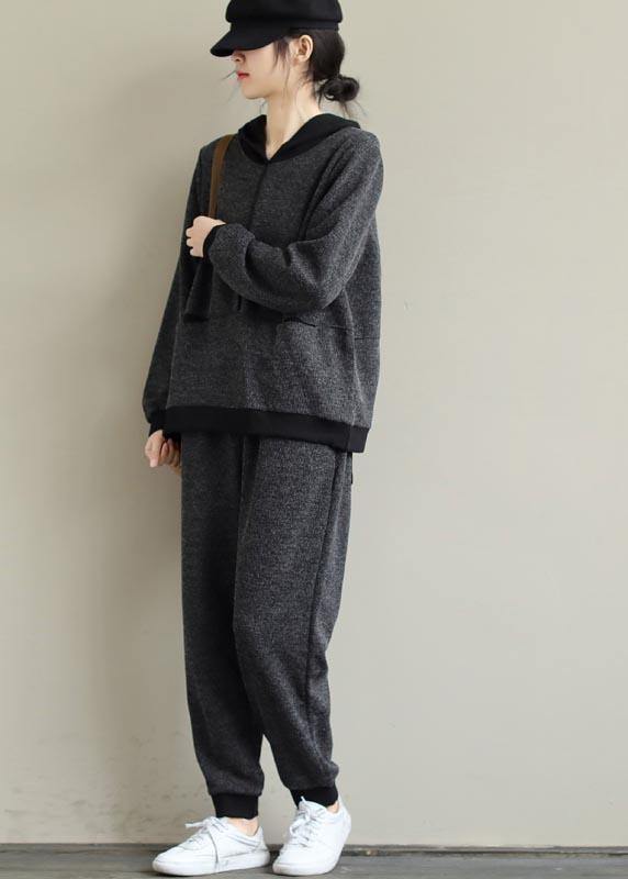 Art Loose Gray Color Matching Hooded Sweater and Elastic Pants Suit