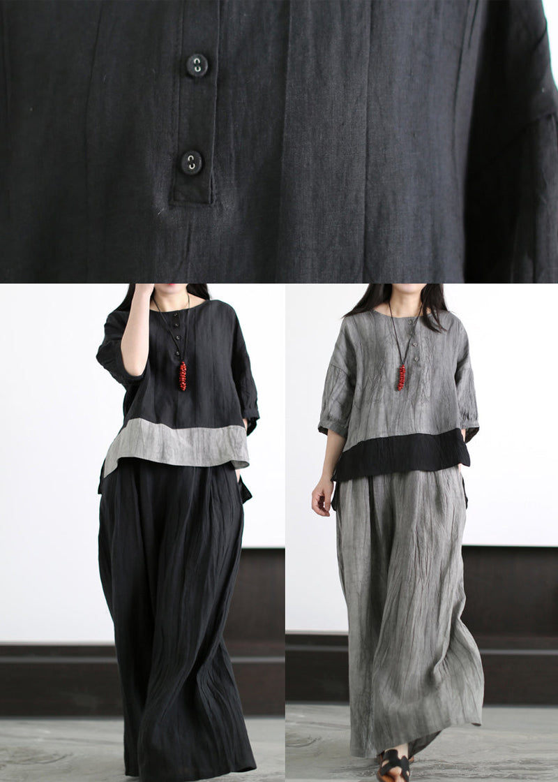 Grey O-neck Patchwork Linen Two Piece Set Outfits Half Sleeve