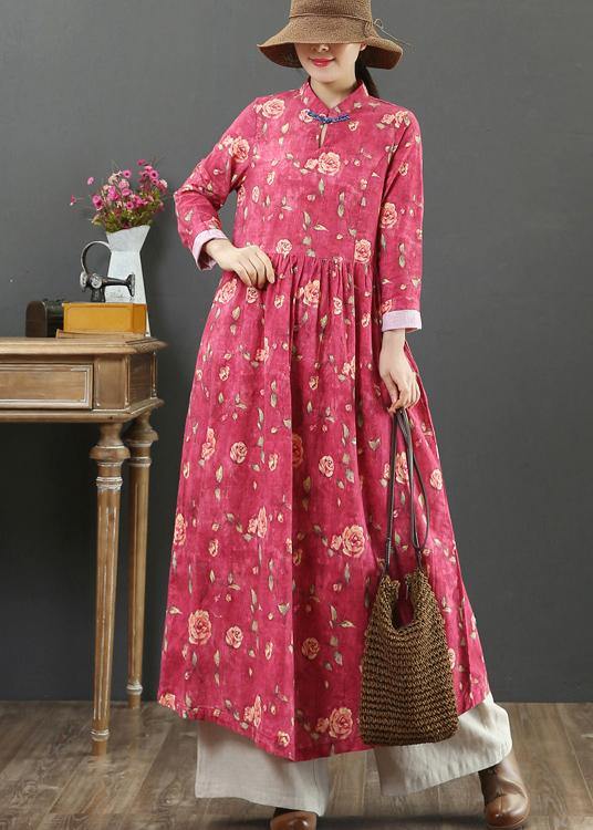 Stand Collar Cinched Spring Dresses Red Print Dress