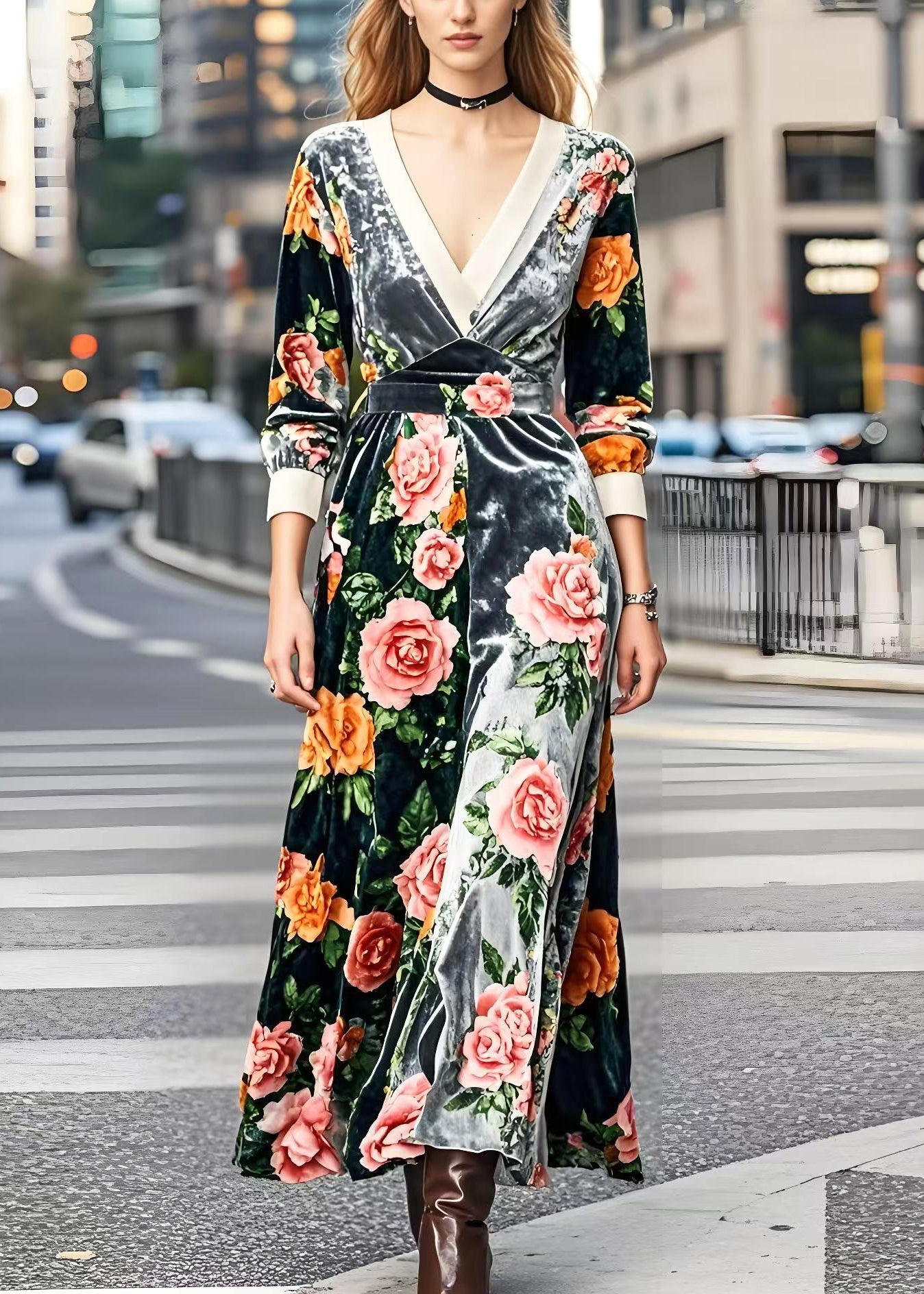 Silm Fit V Neck Patchwork Silk Velour Robe Dresses Spring