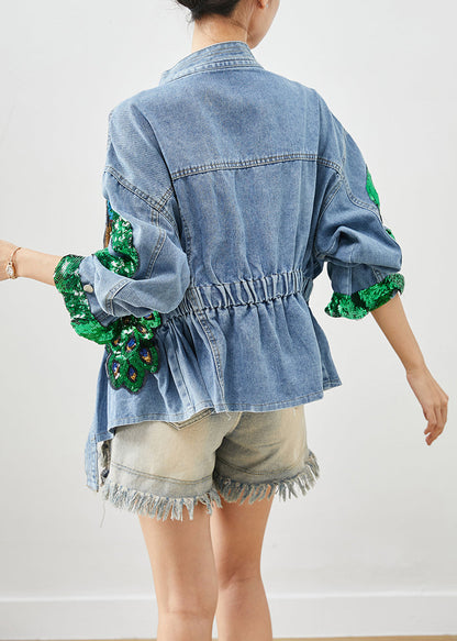 Blue Peacock Sequins Elastic Waist Denim Coats Fall