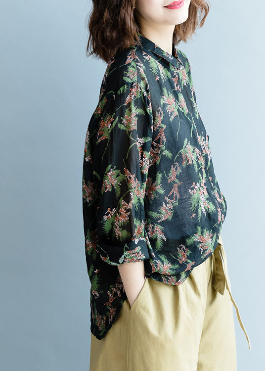 Black Print Button Linen Shirt Tops Spring