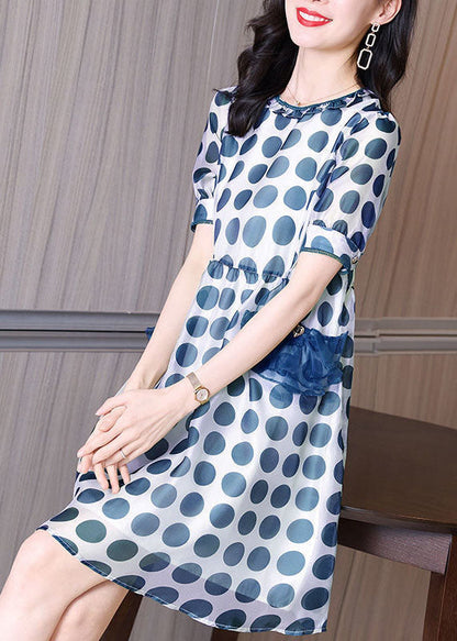 Blue Print Chiffon Holiday Dresses O-neck Slim Fit Summer