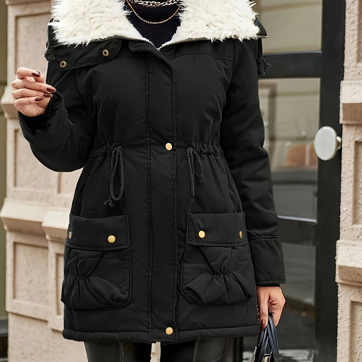 JO | Warm faux fur jacket with zipper and drawstring at the waist