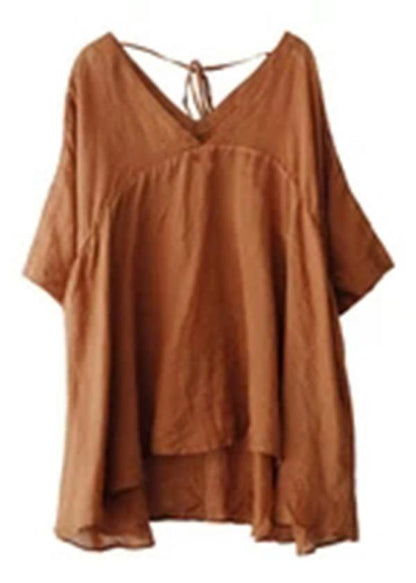 Ramie Lace-up Pure Color Irregular T-shirt