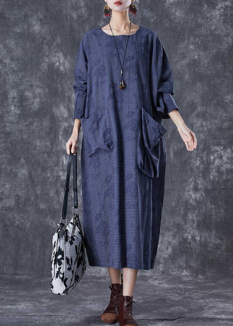 Navy Asymmetrical Pockets Striped Linen Gown Dresses Fall