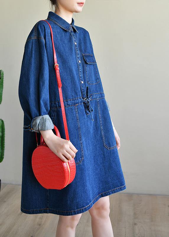 Blue Long Sleeve Cotton Spring Dress
