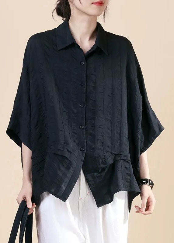Black Peterpan Collar Button Bat Wing Sleeve Fall Shirt Top