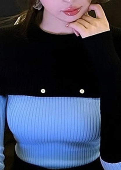 Slim Fit Blue O-neck Patchwork Knit Sweater Spring