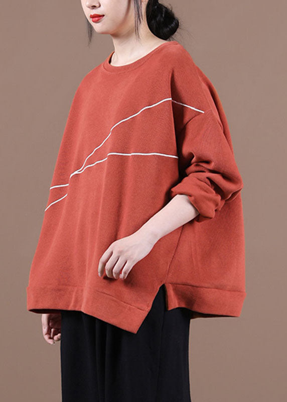 Brick Red O-neck Embroideried Loose Fall Sweatshirt