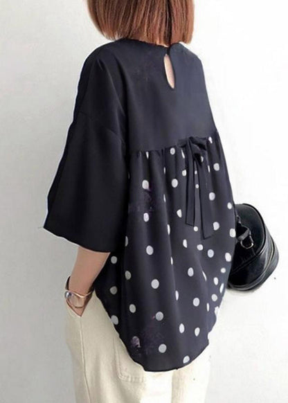 Black Oversized Patchwork Bow Cotton Shirt Tops Summer