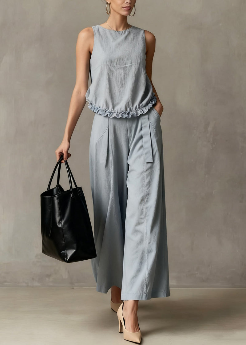 Haze Blue Ruffled Pockets Cotton Two Piece Set Summer