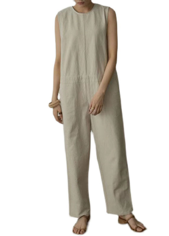 Apricot Pockets Patchwork Cotton Wide Leg Jumpsuits Sleeveless