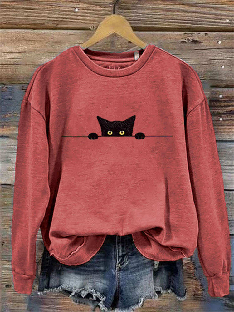 Comstylish Women's Casual Funny Black Cat Print Sweatshirt
