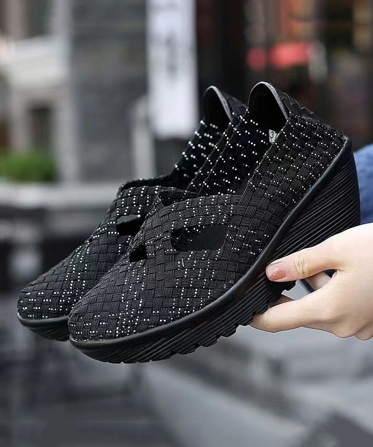 Knit Fabric Black Handmade Comfortable Splicing Wedge Heels Soofairy Shoes-20251