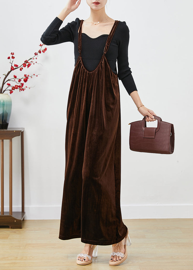 Brown Oversized Silk Velour Wide Leg Strap Pants Fall