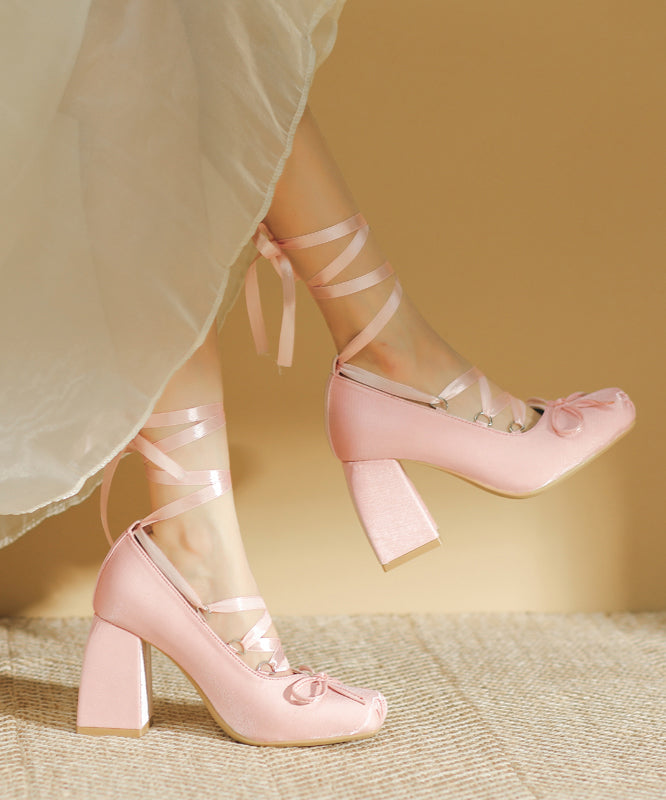 Pink Lace Up Splicing Chunky High Heels Pink Satin