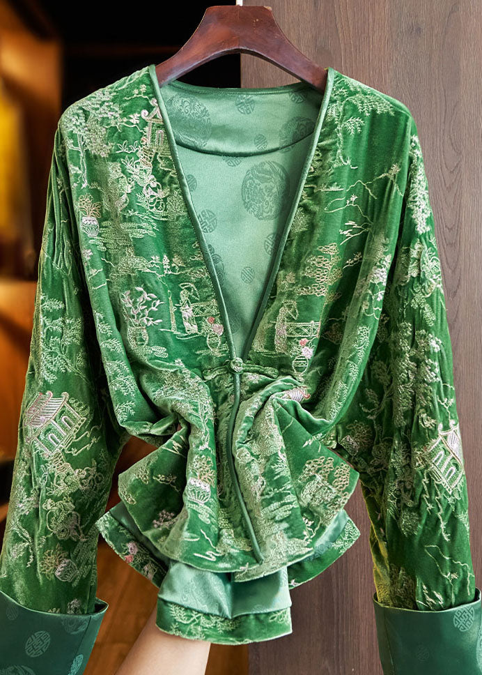 Green V Neck Embroideried Button Silk Velour Coats Fall
