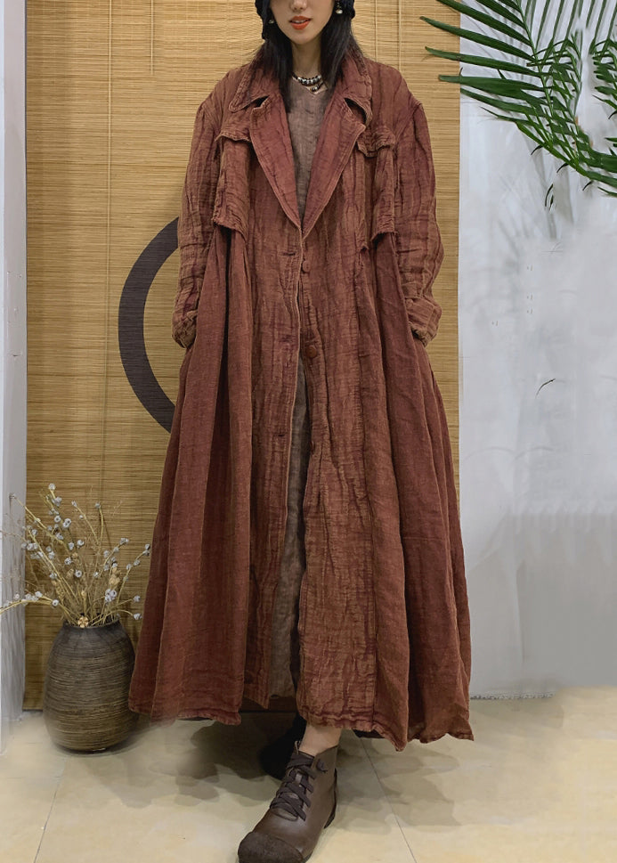 Caramel Notched Button Linen Trench Coat Spring