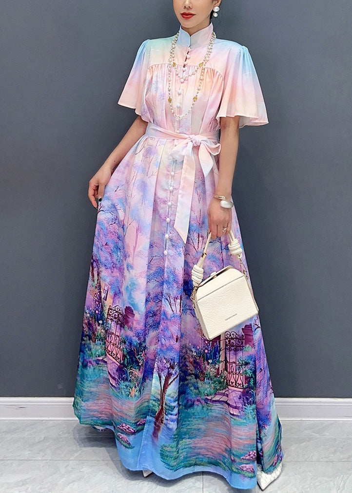 Violet Print Tie Waist Cotton Shirts Long Dresses Summer