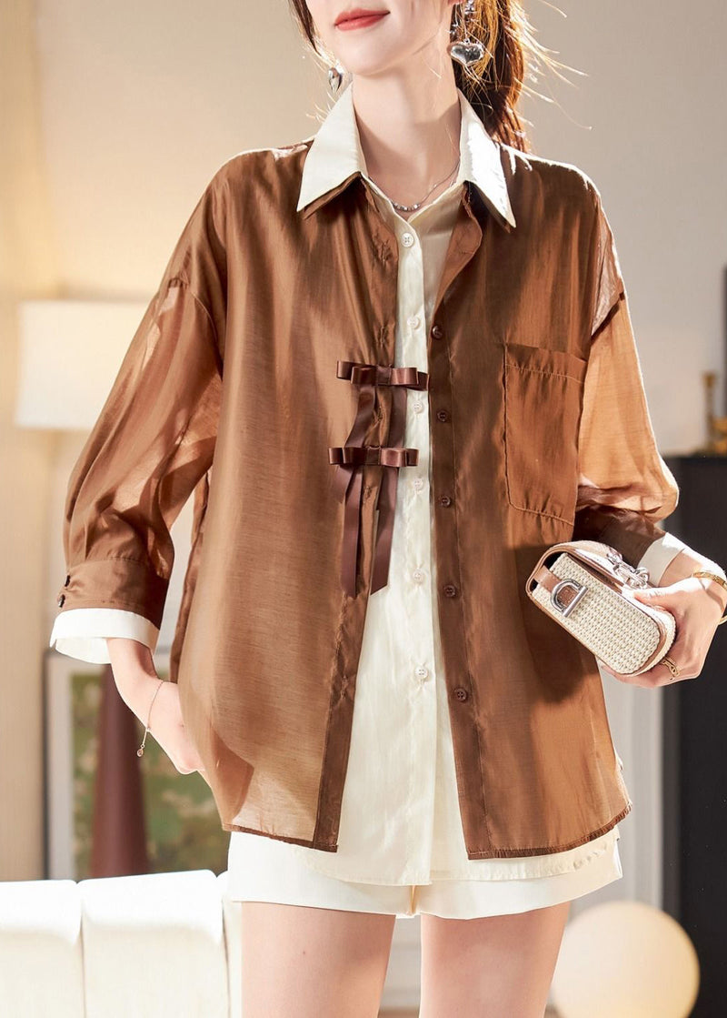 Style Coffee False Two Pieces Patchwork Chiffon Top Fall