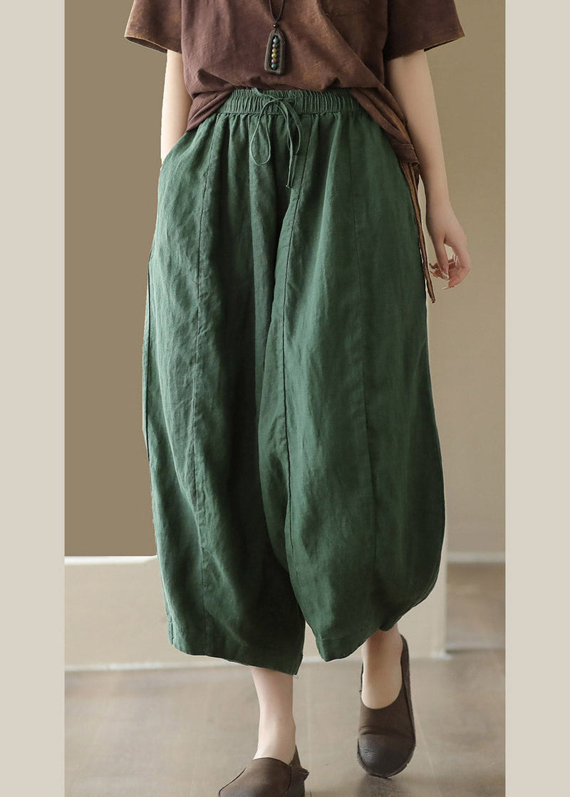Brief Green Elastic Waist Tie Waist Linen Crop Pants Summer