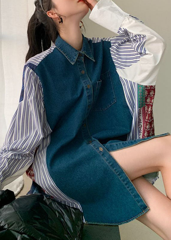 Colorblock Denim Patchwork Striped Print Cotton Shirt Dresses Spring