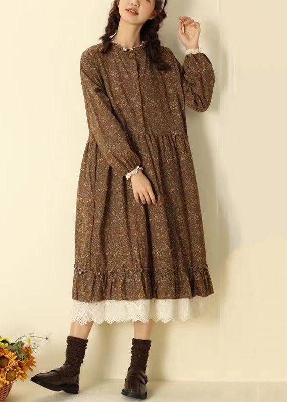 Coffee Ruffled Print Pockets Patchwork Cotton Long Dresses Fall