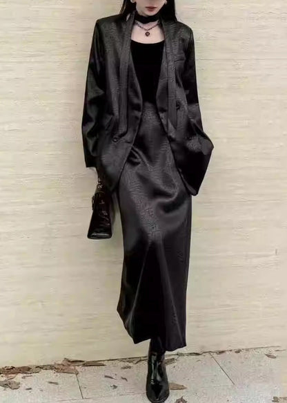 Black Notched Tie Waist Satin Coats and Maxi Skirts Two Pieces Set Spring