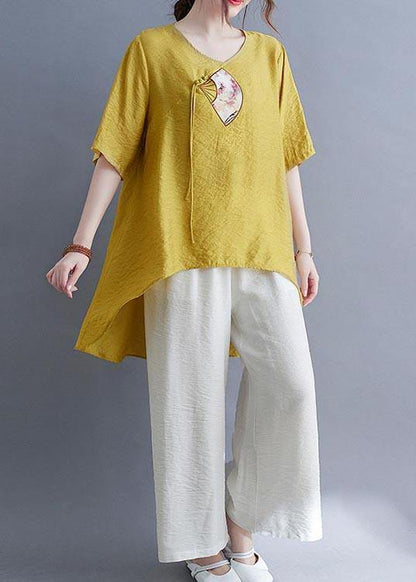 Italian Yellow Embroideried Cotton Linen Top Summer