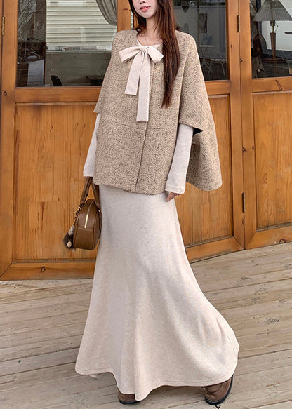 Original Oatmeal Bow Cape Coat and Dress Cotton Two Pieces Set Fall