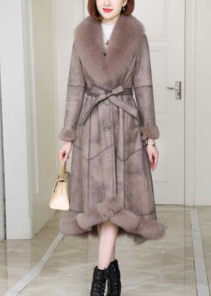 French Khaki Fur Collar Tie Waist Leather and Fur Coat Winter