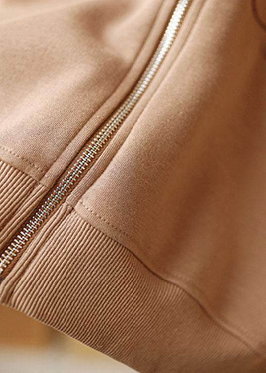 Khaki Zippered Pockets Fall Coats Long Sleeve