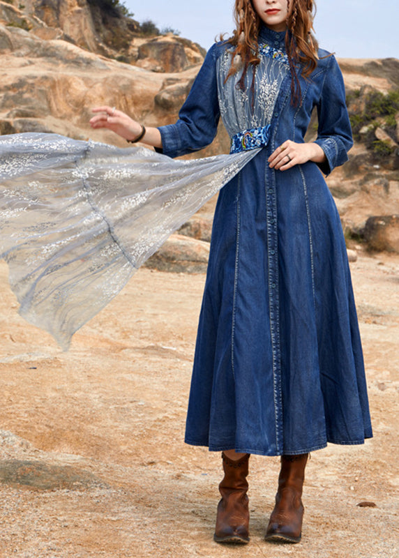 Blue Turtleneck Asymmetrical Tulle Patchwork Long Denim Dress Spring