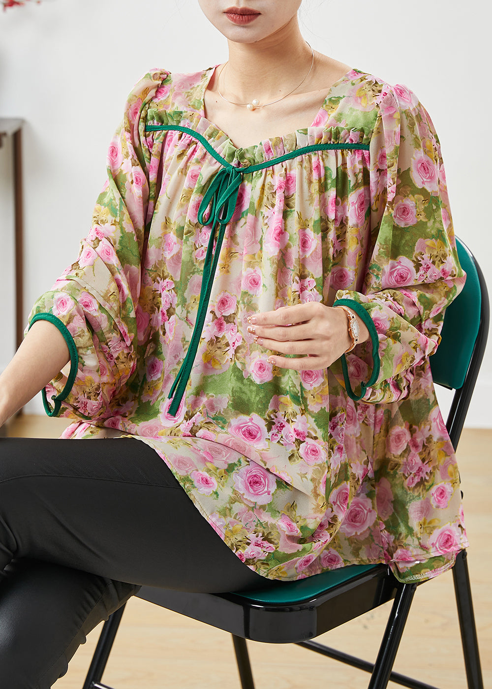 Handmade Pink Square Collar Print Chiffon Shirts Spring