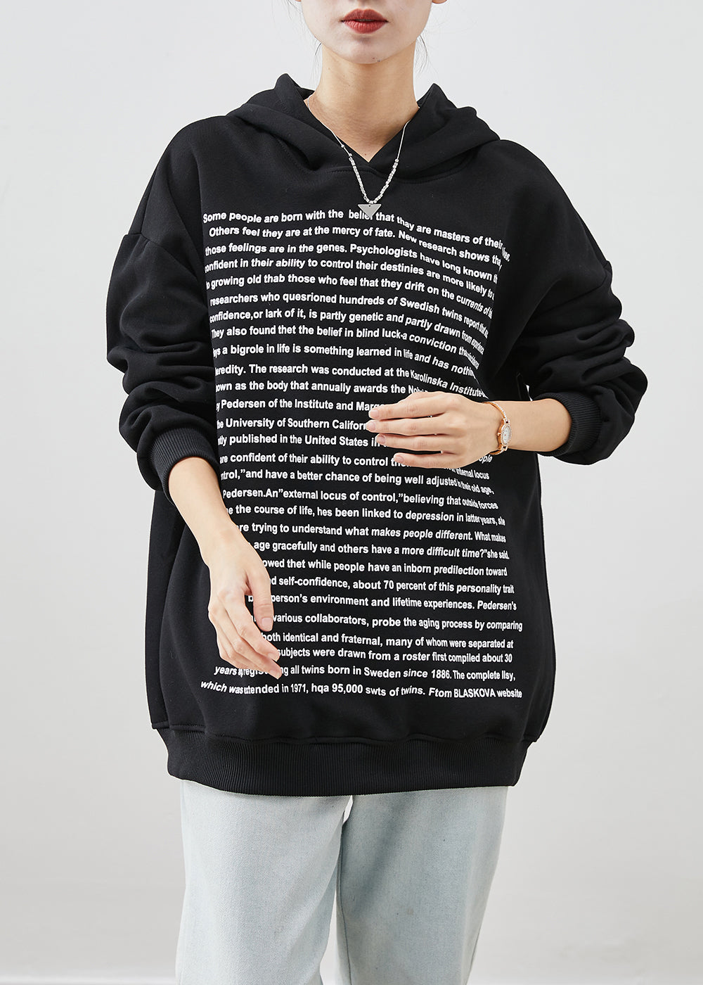 Fine Black Hooded Letter Print Cotton Sweatshirt Fall