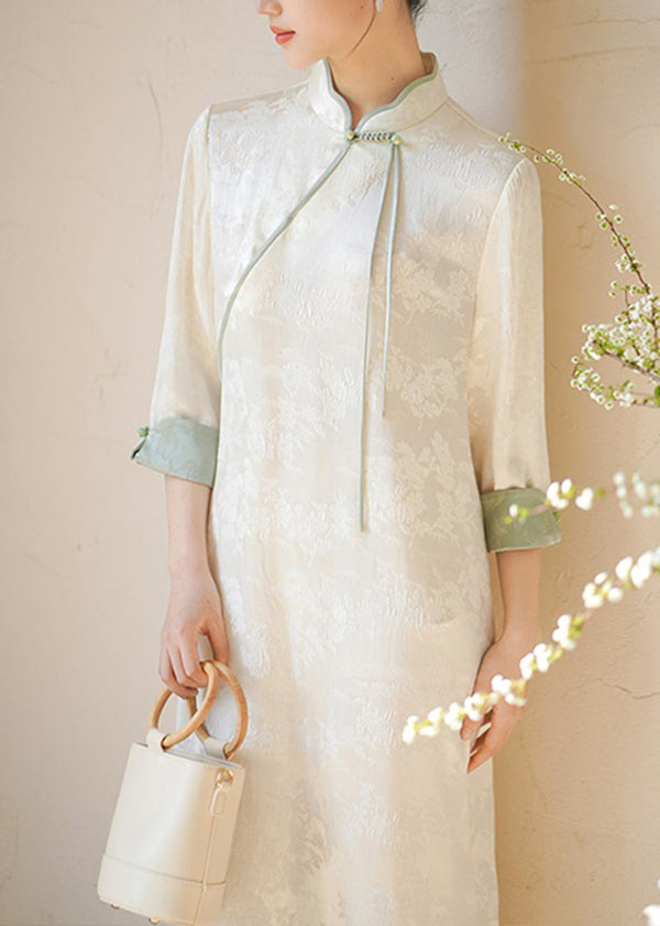 Beige Stand Collar Tasseled Print Patchwork Silk Dresses Fall