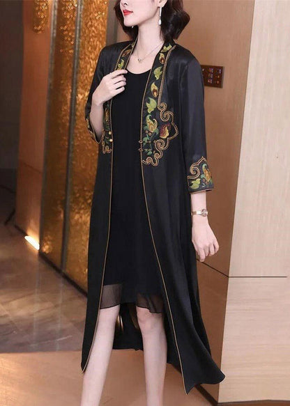 Modern Black V Neck Embroideried Button Trench Coat Long Sleeve