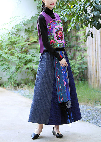 Art Purple Embroideried Linen Waistcoat Fall