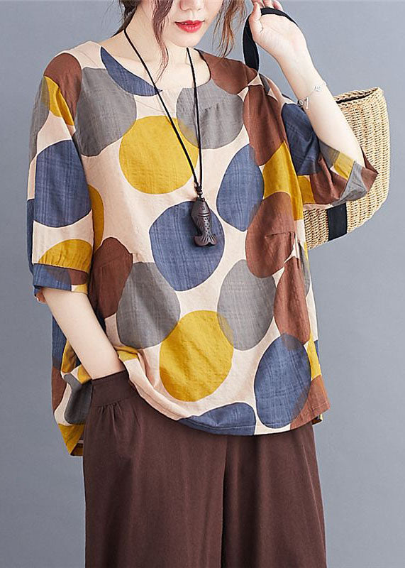 Coffee O Neck Print Patchwork Cotton T Shirts Summer