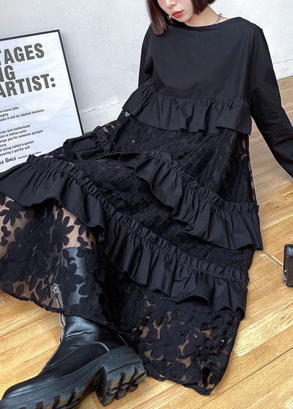 Black Ruffles Pockets Fall Lace Dresses