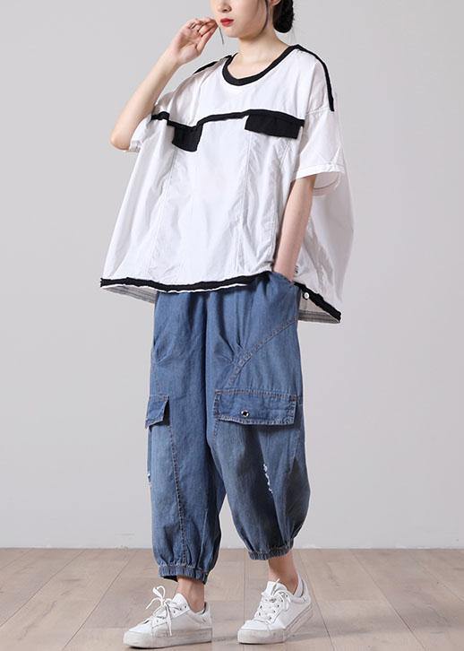 French White Cotton Shirt Tops Summer Short Sleeve