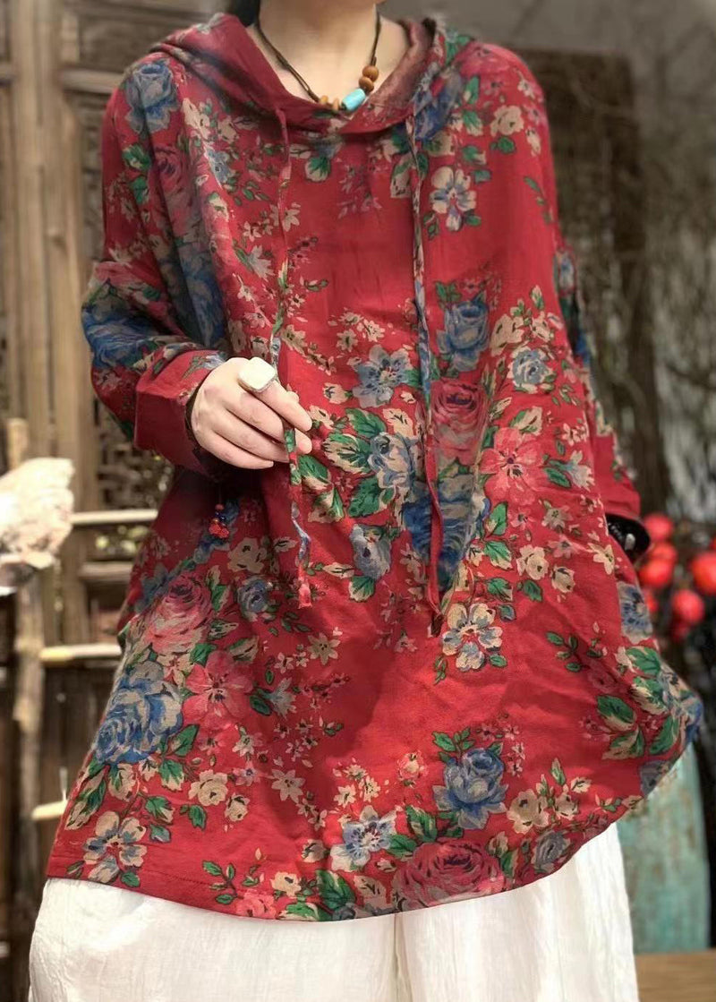 Red Hooded Print Linen Tops Spring