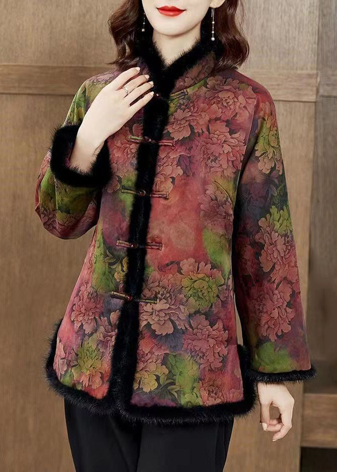 Colorblock Fur Collar Print Pockets Fleece Coat Winter